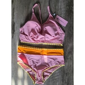 Kids4ever Girls Pink Orange Scallop Trim Two Piece Bikini Swimsuit Size 11-12Y